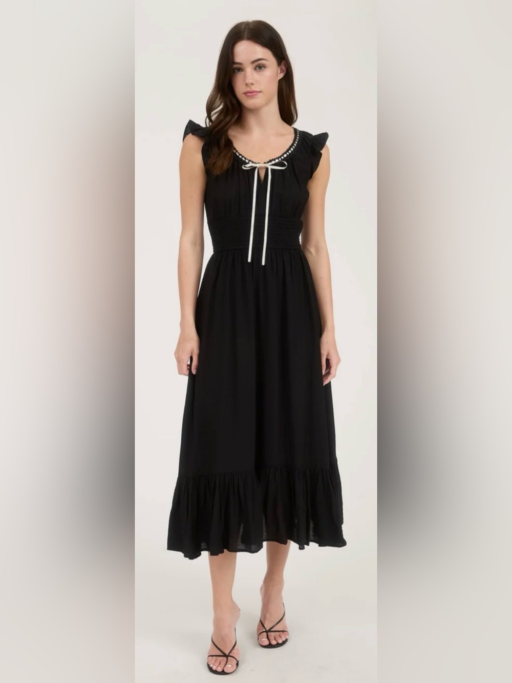 Black Ruffle Midi Dress Smocked Waist